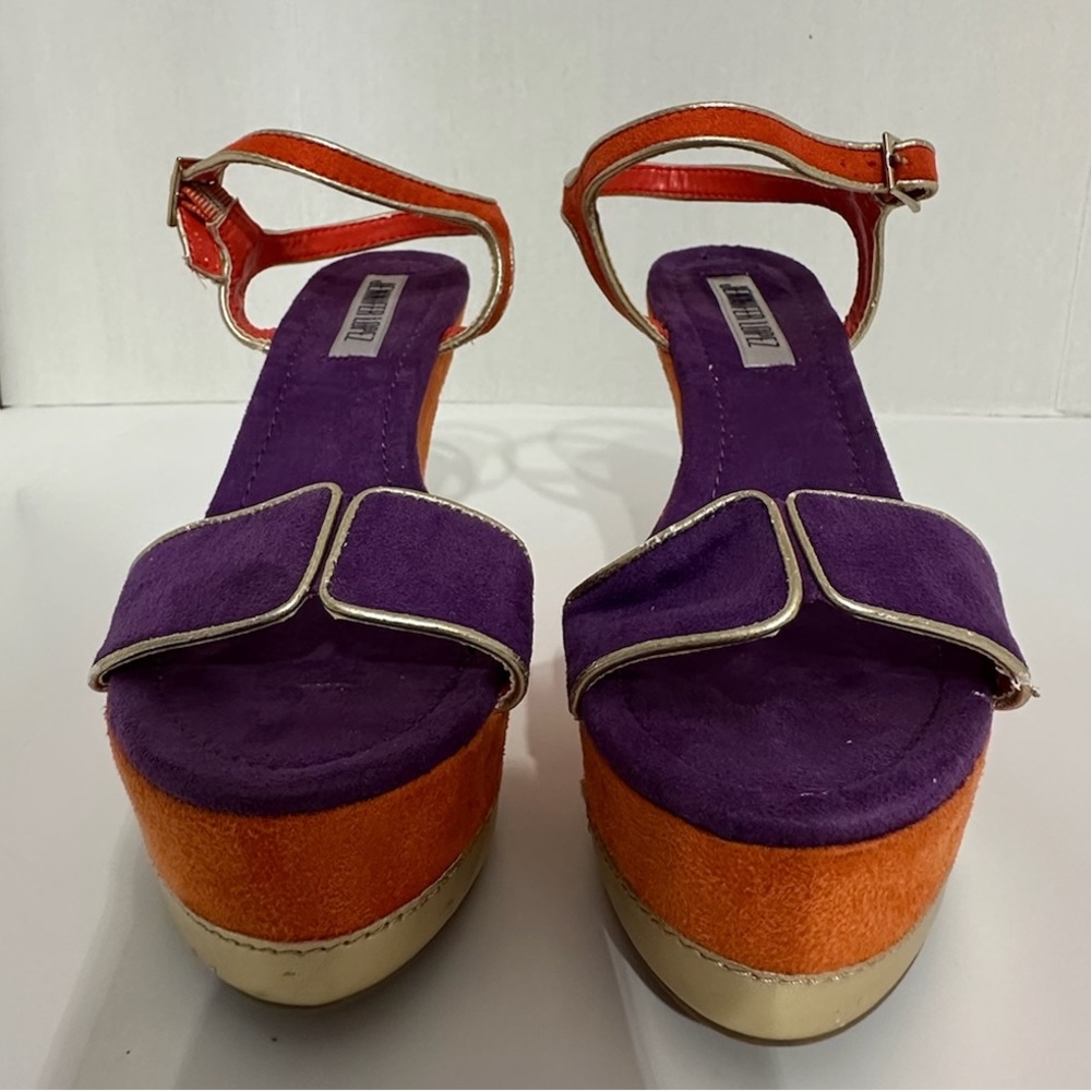 Jennifer Lopez Purple Orange Suede Platform Wedge Sandals Gold Trim Size 6.5 - Picture 3 of 10